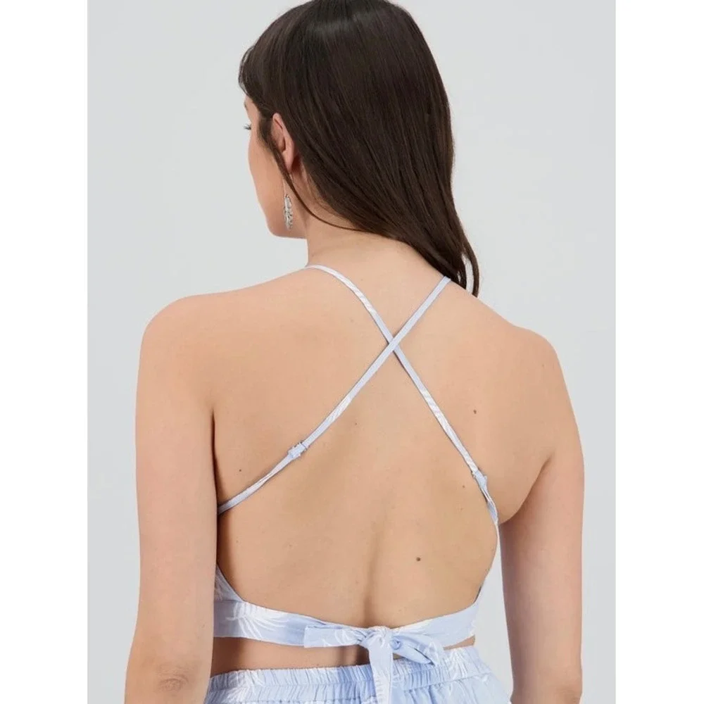 Hyfve Palm Leaf Print Tie Back Halter Crop Top Women L Pastel Blue Vacation Boho